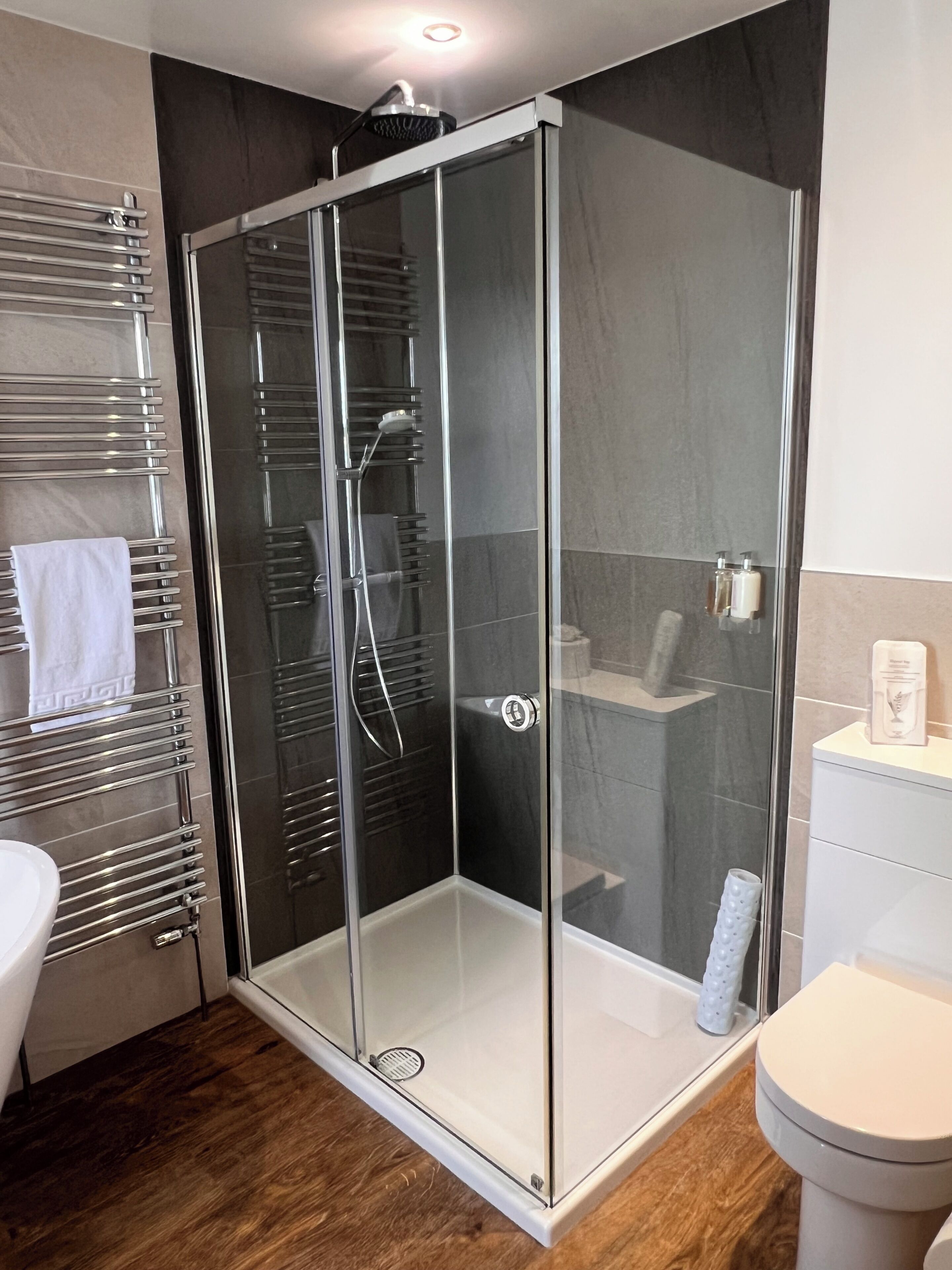 A modern bathroom with a glass-enclosed shower, a white toilet, and a towel rack.