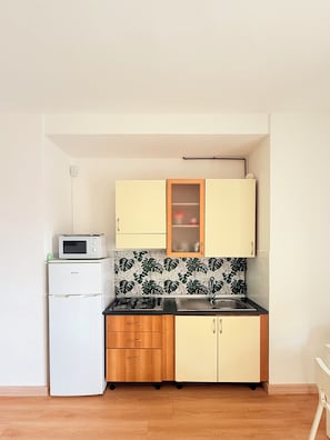 Réfrigérateur, micro-ondes, plaque de cuisson, cafetière/bouilloire