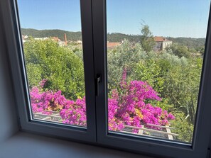 Ein Fenster mit Blick auf einen Garten mit rosafarbenen Blüten und Grünpflanzen.