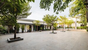 Une cour spacieuse avec un bâtiment moderne, des plantes en pot et un ciel dégagé.