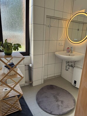 Shower, hair dryer, towels, toilet paper