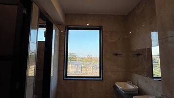 Shower, free toiletries, hair dryer, towels