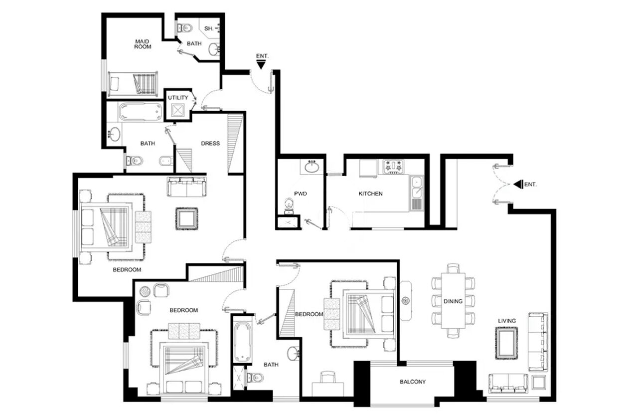 Een plattegrond van een hotel met meerdere slaapkamers, een keuken, een eetgedeelte, een woonkamer, een badkamer, een berging en een balkon.