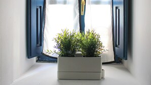 A window with blue shutters and a white curtain, a small white planter with green plants on the sill, and a white wall. - El 8 de Serranos_bottom_house with garage (León)