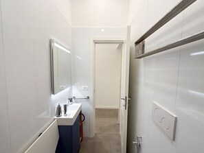 Shower, hair dryer, bidet, towels