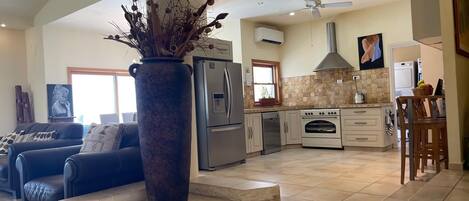 Smart TV, fireplace, ping pong, books