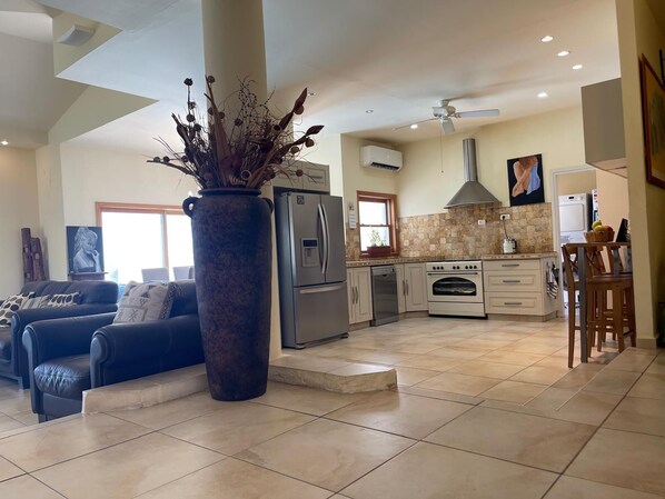 TV connectée, cheminée, table de tennis de table, livres