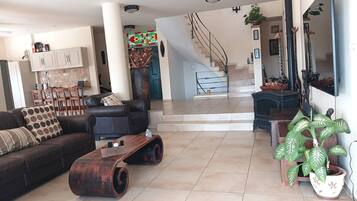 TV connectée, cheminée, table de tennis de table, livres