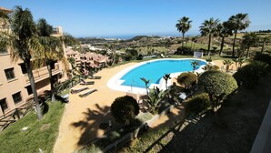 A pool with a curved edge, surrounded by palm trees and a view of the ocean.