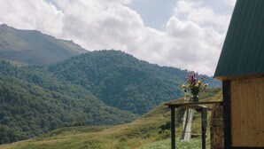 A wooden cabin with a metal roof overlooking a forested mountain. - OKON Highlands Cottages & Camp (Yenokavan)