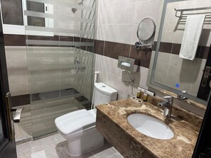 Un baño con ducha compartimentada con vidrio, inodoro blanco, lavamanos de mármol y un espejo.