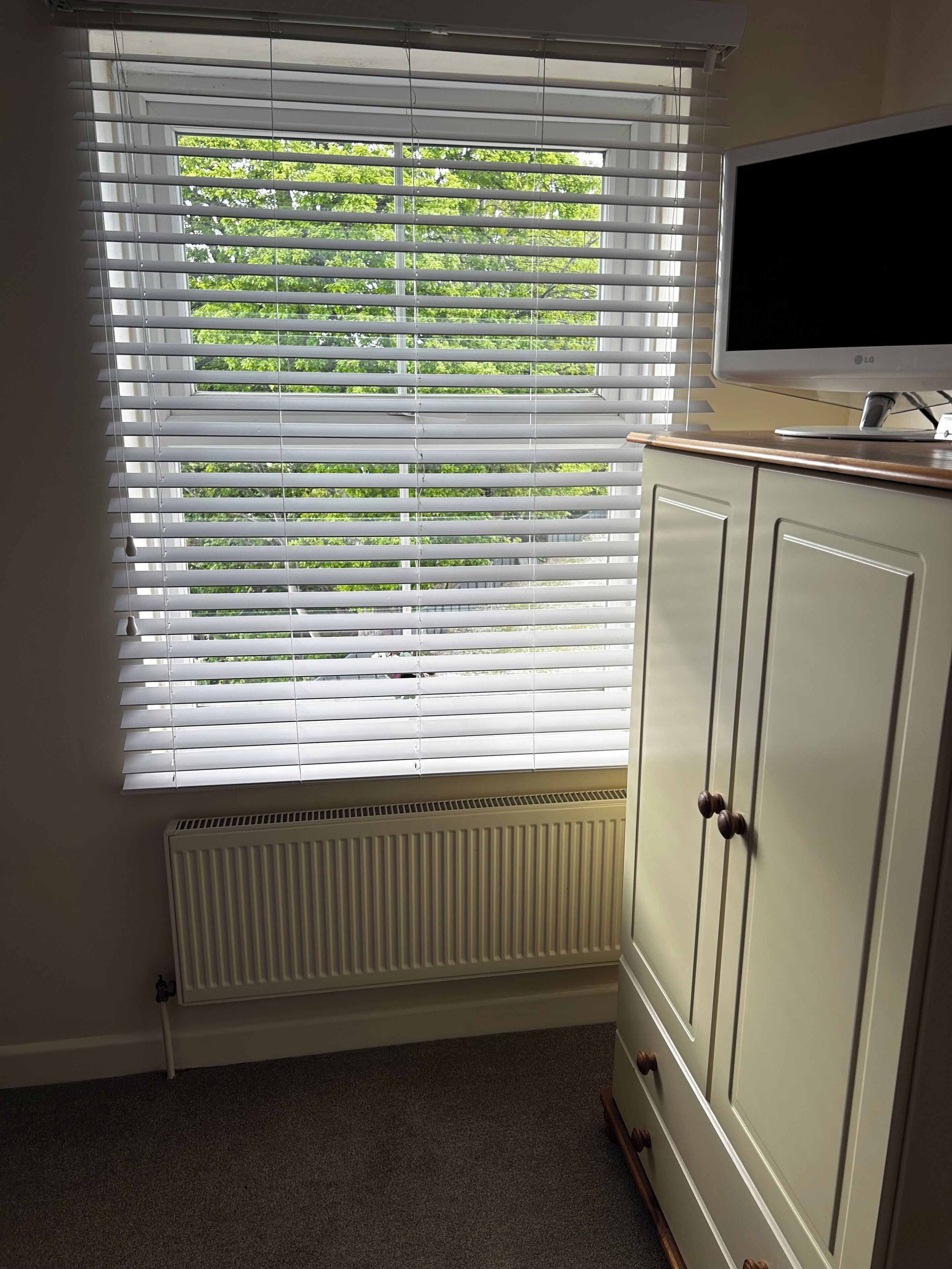 A room with a radiator, a cabinet with drawers, and a window with blinds.