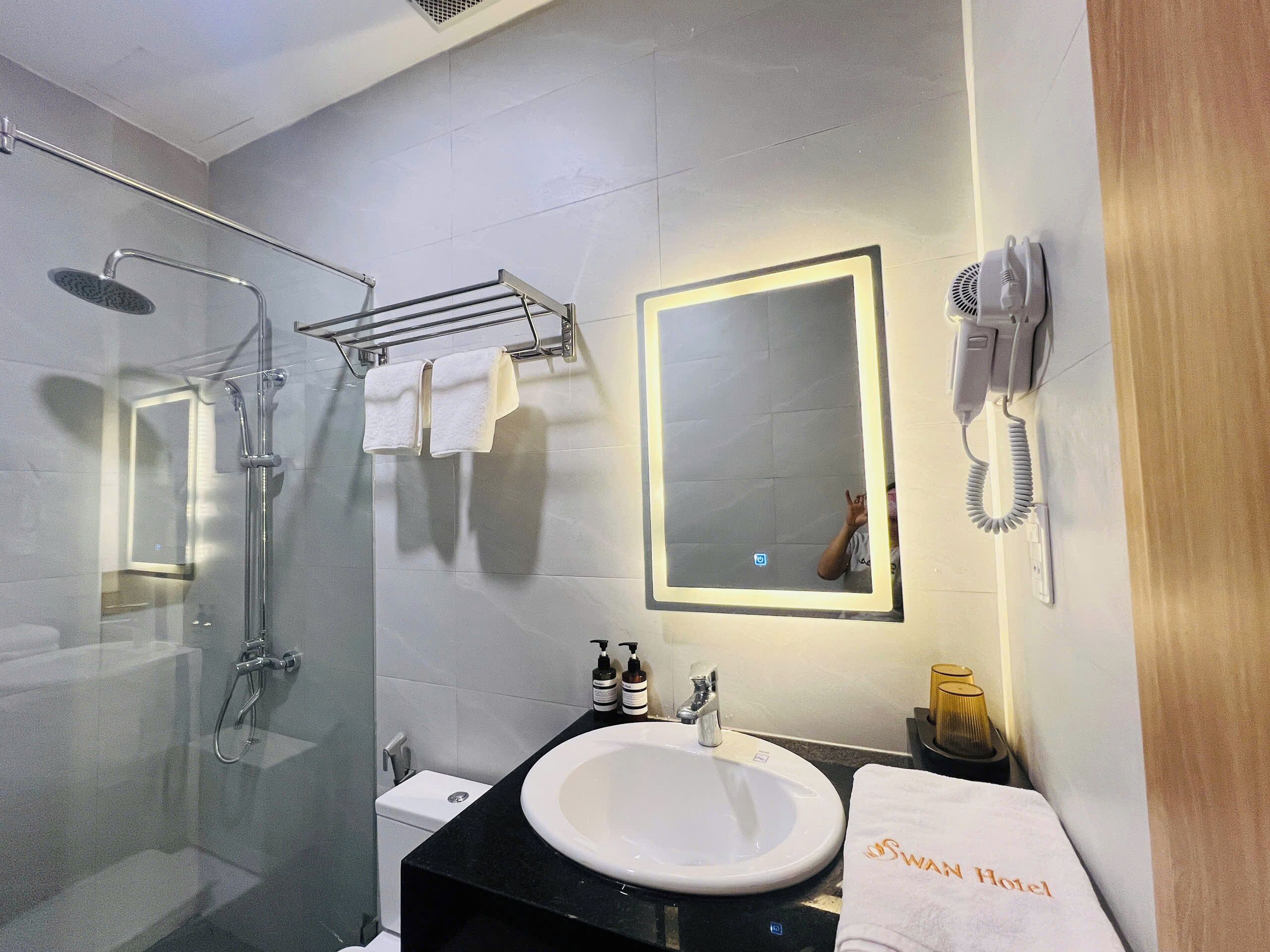 A modern bathroom with a glass-enclosed shower, a white sink, and a mirror with a framed picture.