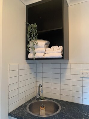 A bathroom with a sink, a window above the sink, and a plant hanging from the window. - Luxury Country Cottage, on the steps of Fleurieu Peninsula and Adelaide Hills (Clarendon)