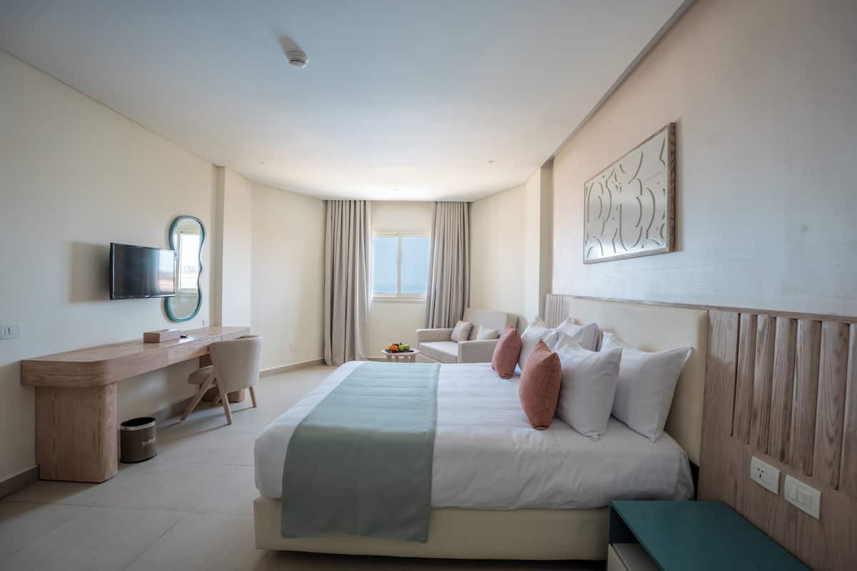 Una habitación de hotel con una cama, un escritorio, una silla, un televisor y una ventana.
