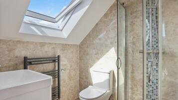 Shower, hair dryer, bidet, towels