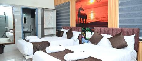 A hotel room with two beds, a large mirror, a painting of a horse, and an air conditioning unit.