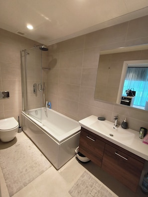 Jetted bath, hair dryer, towels, toilet paper