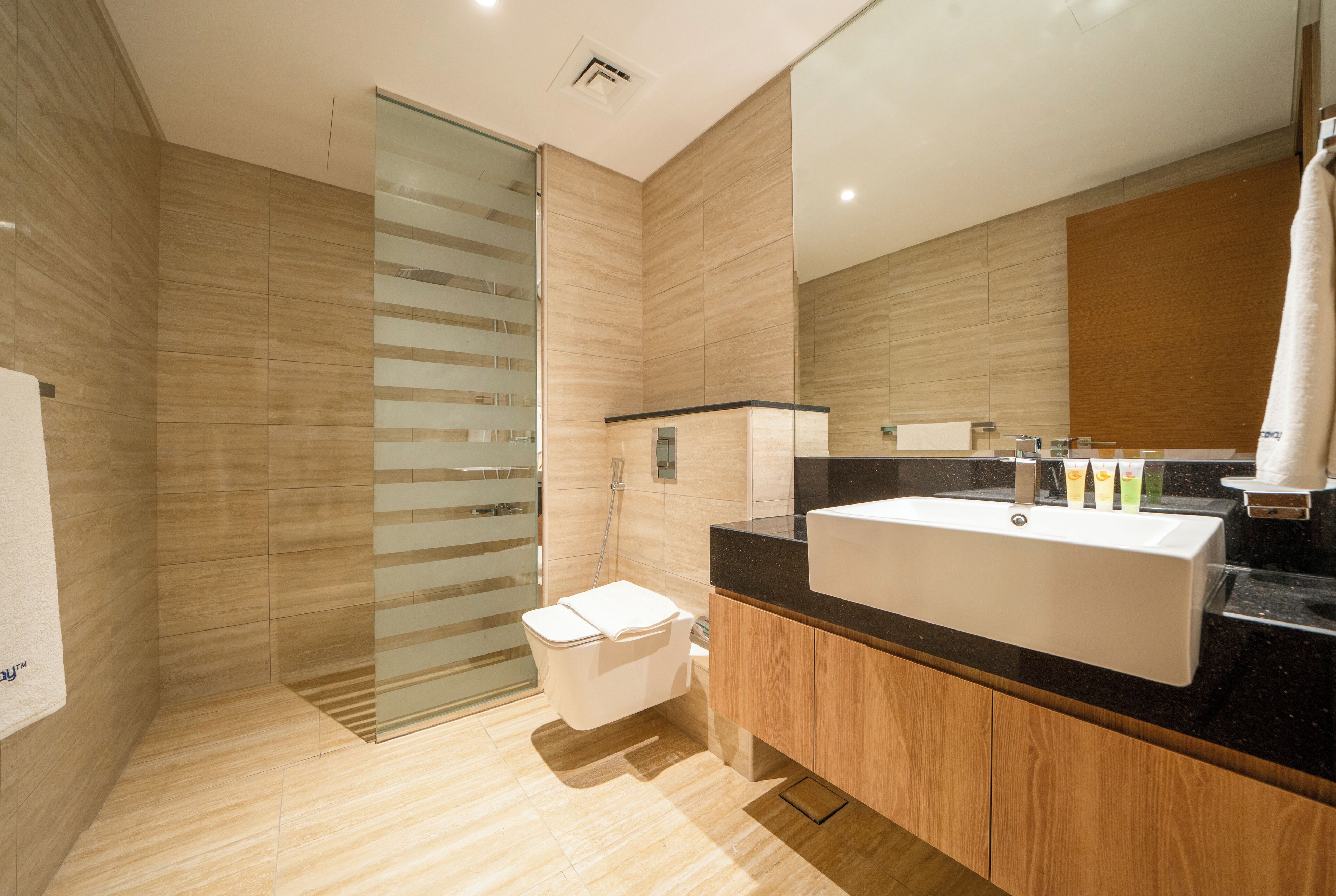 A modern bathroom with a large sink, a glass shower enclosure, and wooden cabinetry.