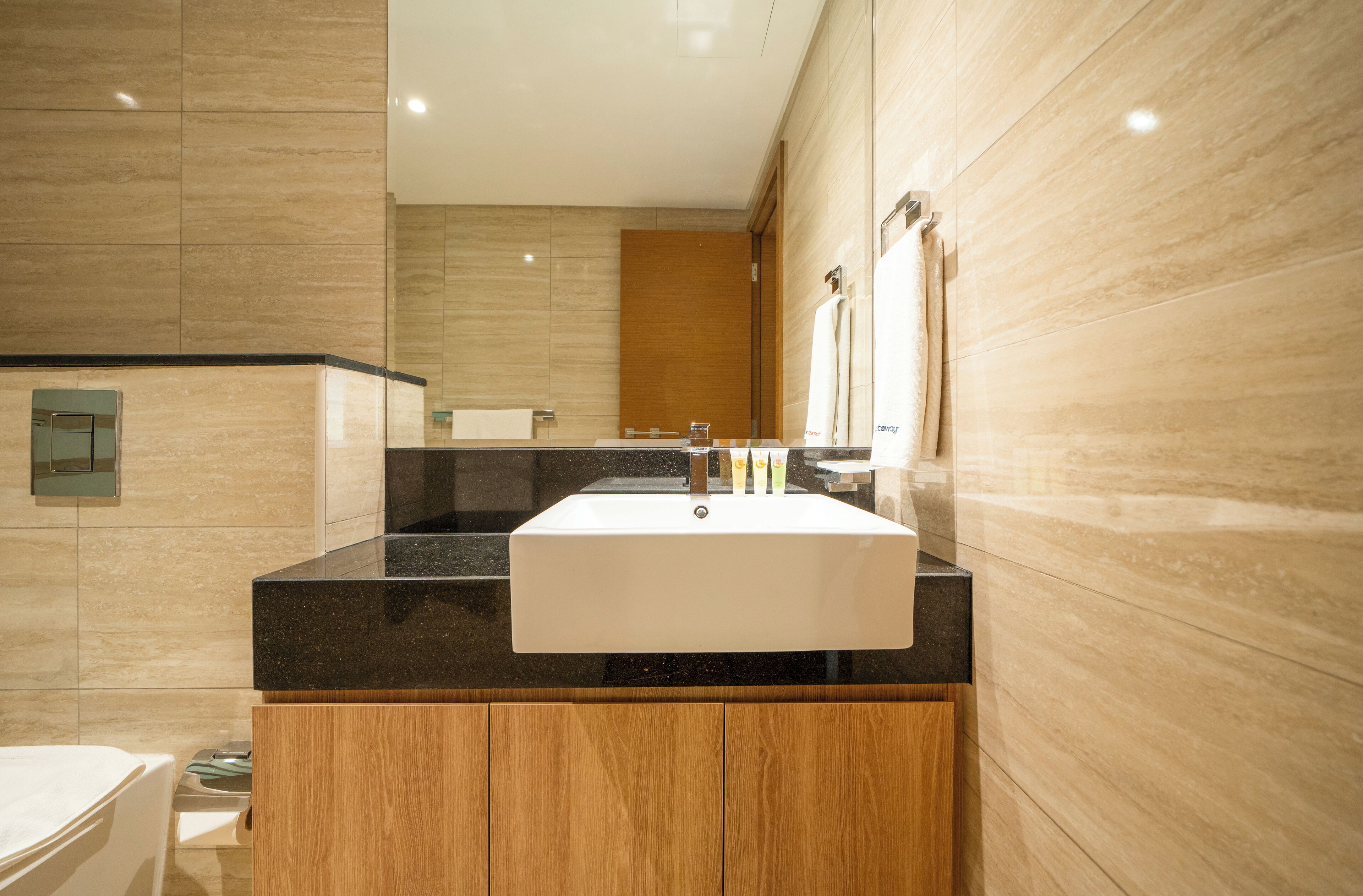 A modern bathroom with a large sink, wooden cabinets, and a mirror.