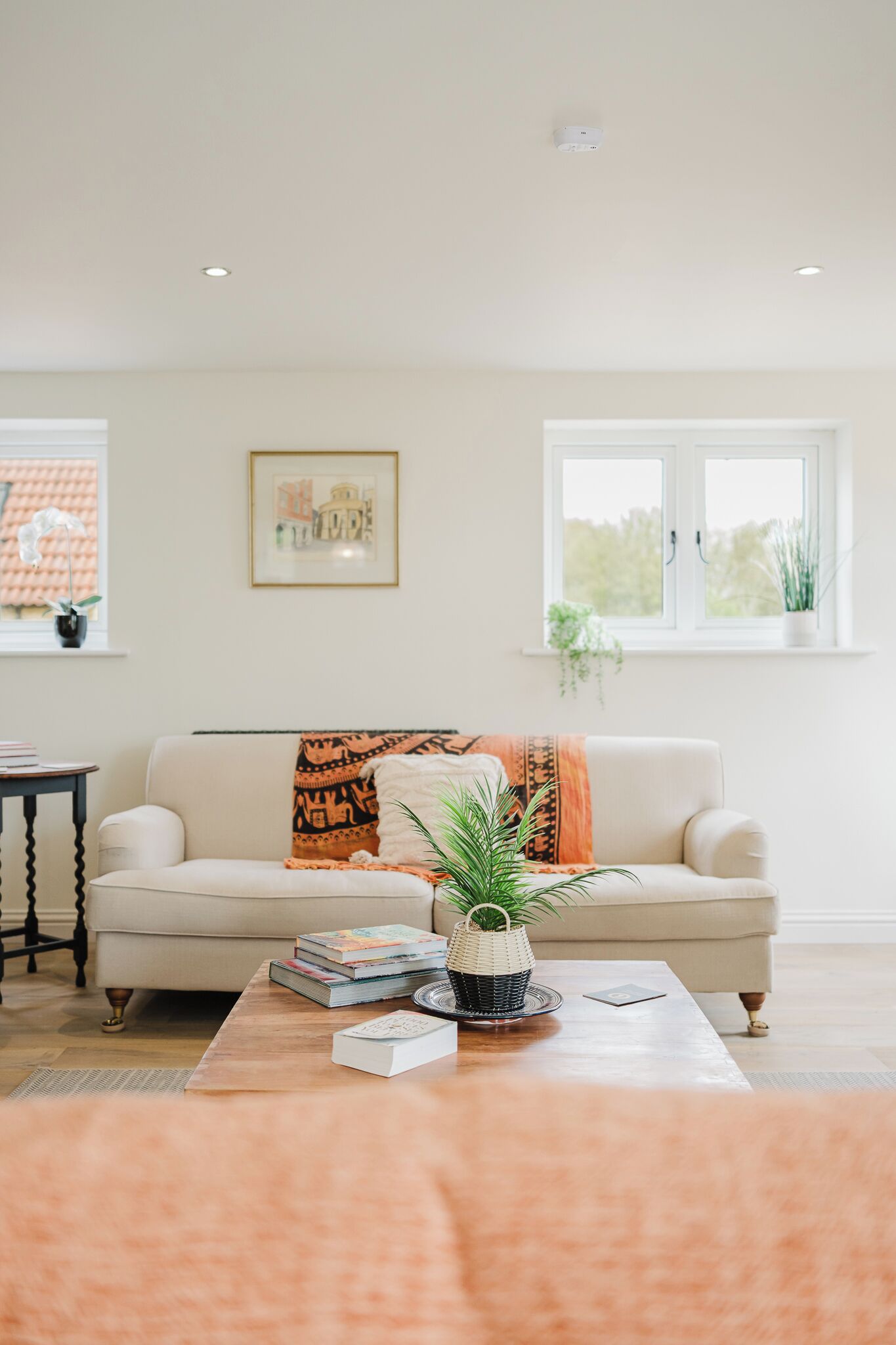 Una sala de estar con un sofá color beige, una mesa de centro con libros y una planta, un cuadro en la pared y una ventana con una planta afuera.