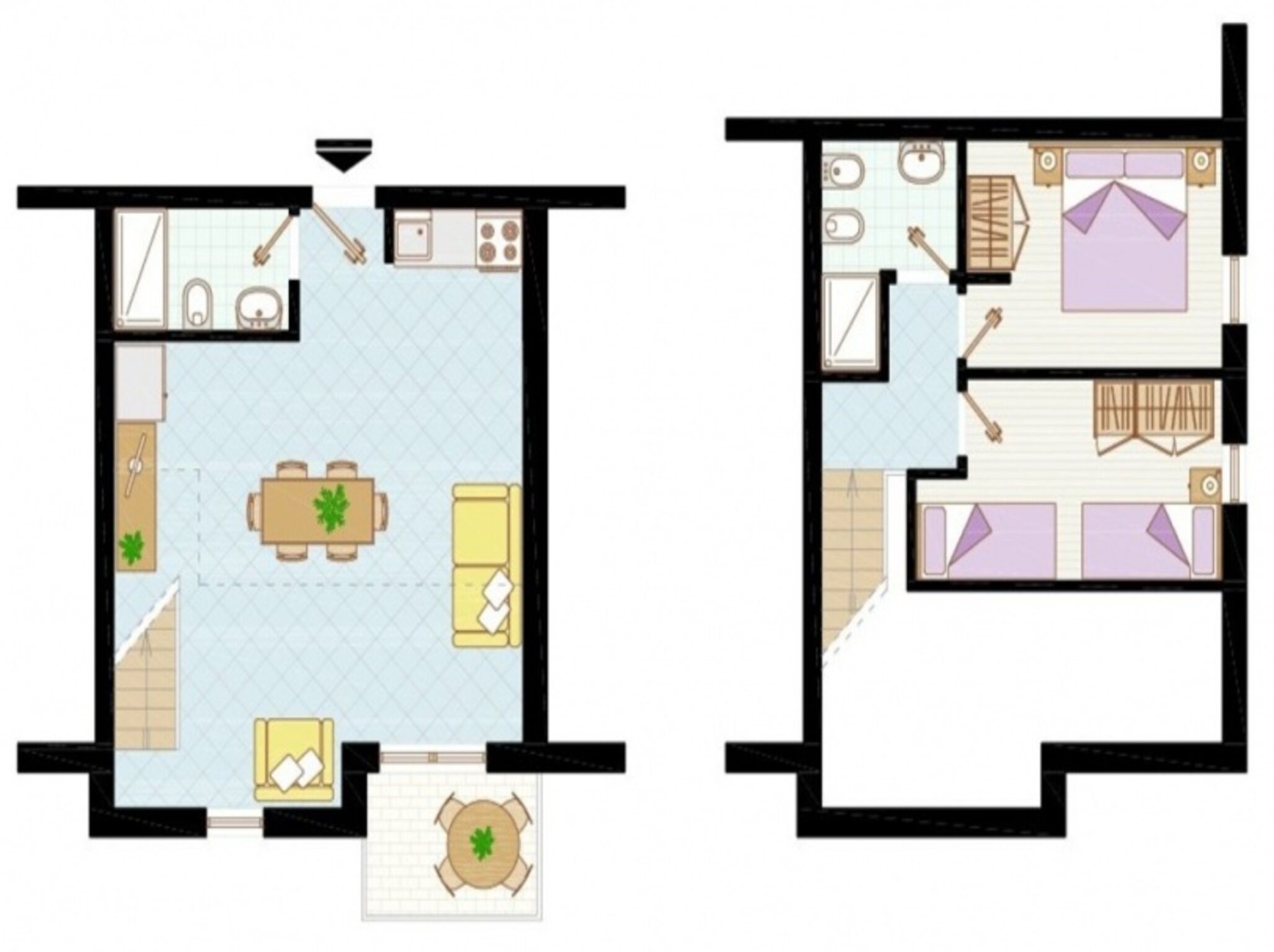 A floor plan of a hotel room with a kitchenette, a dining area, a sitting area, and a bedroom.