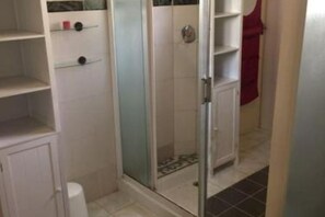 Shower, hair dryer, soap, toilet paper