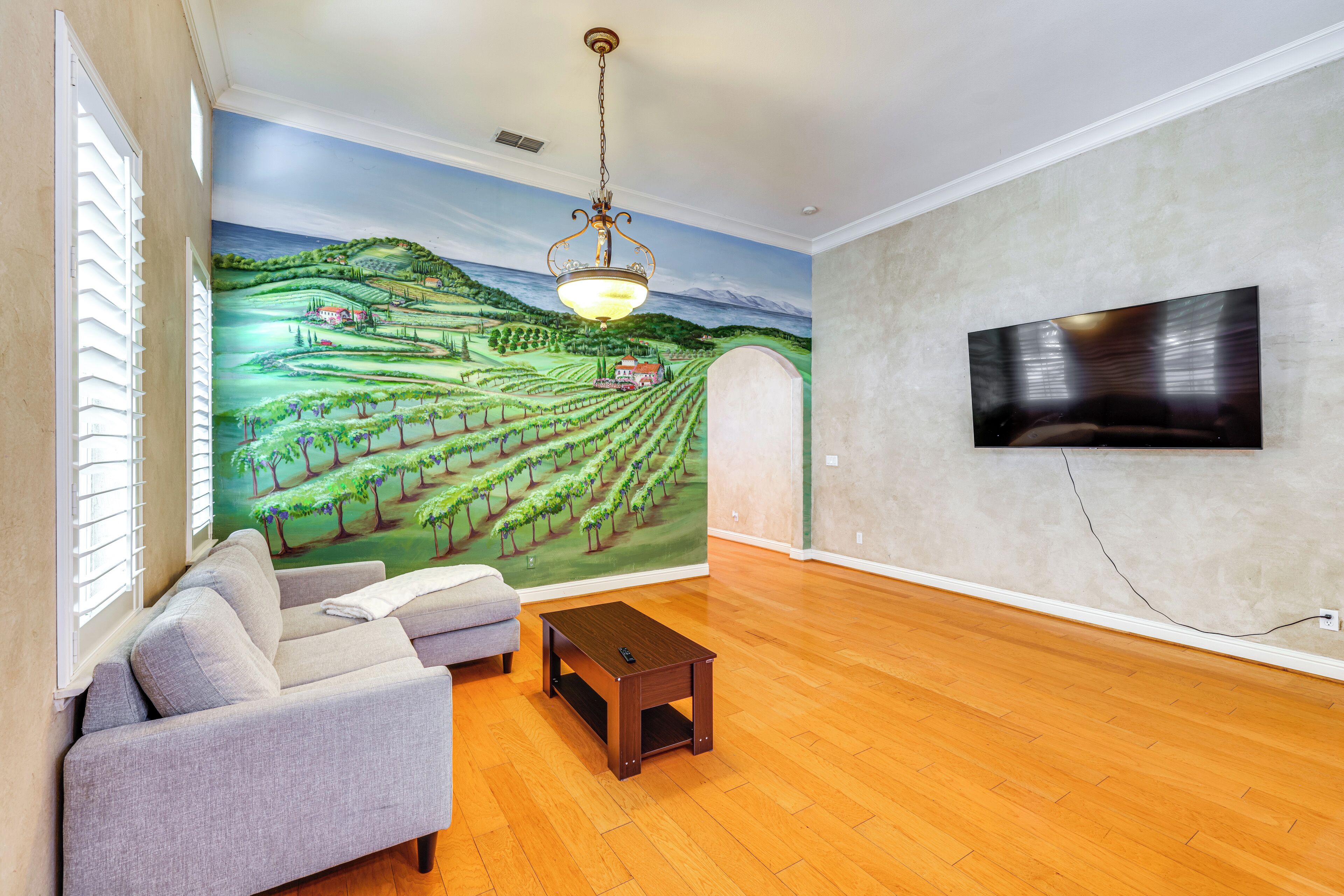 A living room with a mural of a vineyard, a sofa, a coffee table, and a flat-screen TV mounted on the wall.