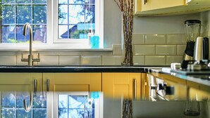 A kitchen with a stainless steel sink, a window with a view of trees, and a blender on the counter.