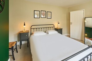 1 bedroom, desk, iron/ironing board, bed sheets