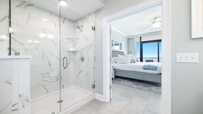 Shower, jetted tub, hair dryer, towels