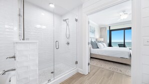 Shower, jetted tub, hair dryer, towels