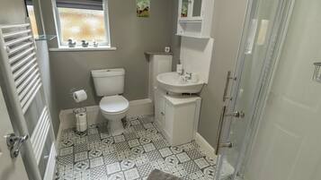 A bathroom with a toilet, sink, and shower area.