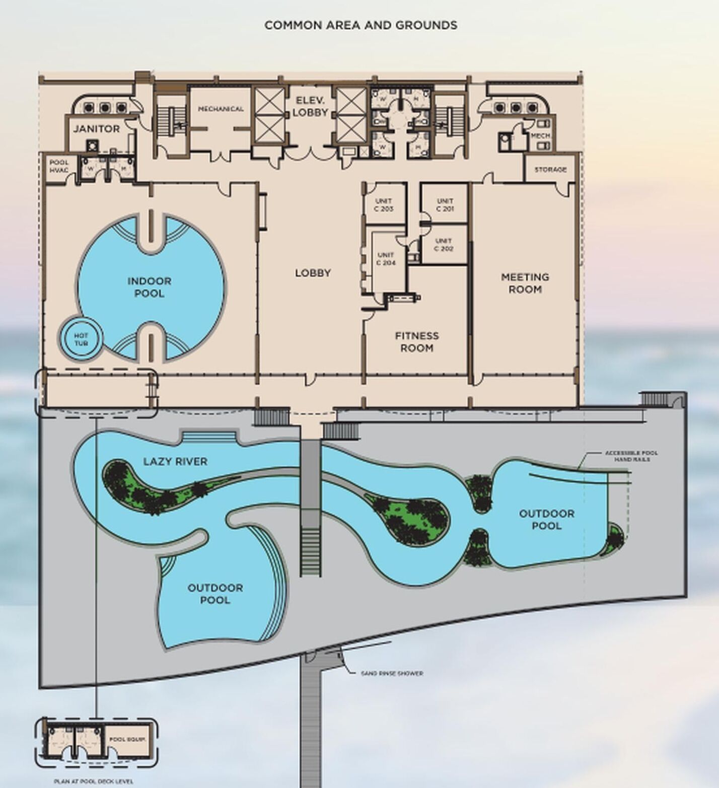 Pianta di un hotel con piscina interna, piscina esterna, palestra e sala riunioni.
