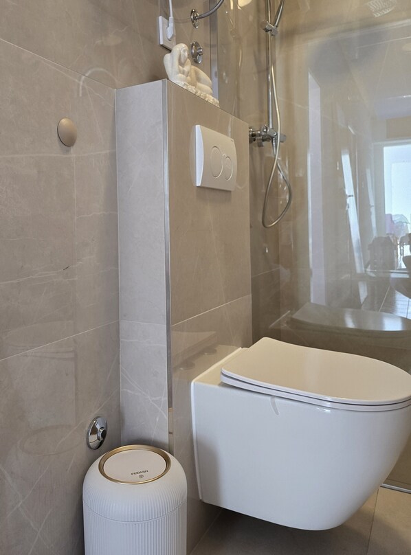 Hair dryer, towels, soap, toilet paper