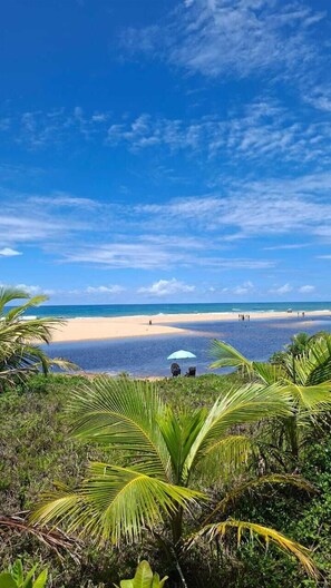 Ein Strand mit blauem Himmel, Palmen und ein paar Personen in der Ferne.