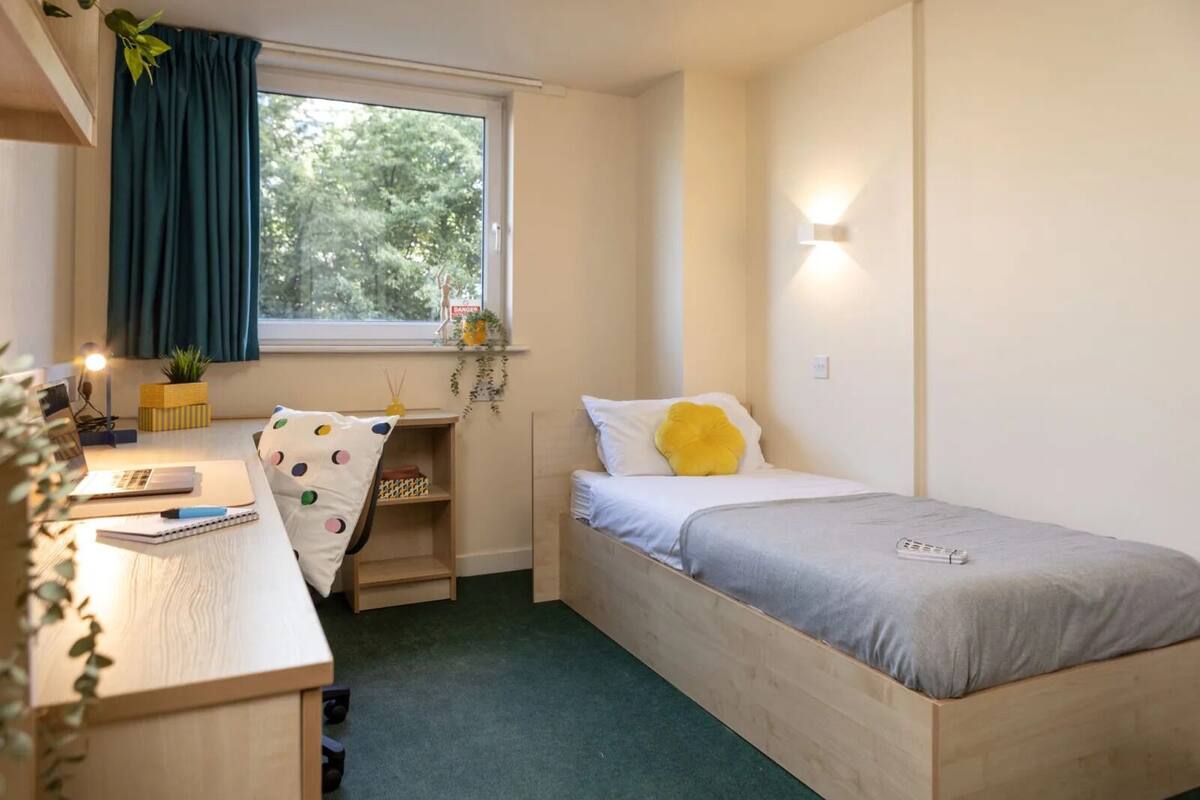 A compact room with a desk, a bed, a window with curtains, and a small shelf with a plant.