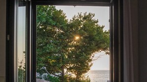 Uitzicht door een glazen deur op een terras met een stenen muur, een boom en een waterpartij.