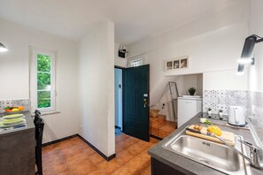 A modern kitchen with a sink, countertop, and a window with a view of greenery. - Vernazza Apartments (Vernazza)