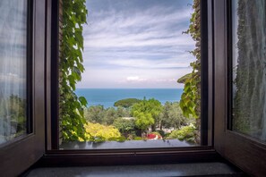A view through a window with a wooden frame, overlooking a coastal landscape with trees and a body of water. - Torre Cangiani (Massa Lubrense)