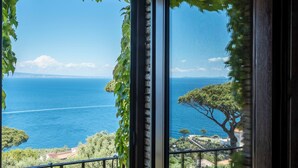 A view through a window with a clear blue sky, a body of water, and greenery. - Torre Cangiani (Massa Lubrense)