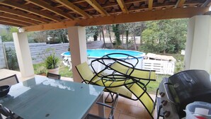 A covered patio area with a glass table, chairs, and a barbecue grill.
