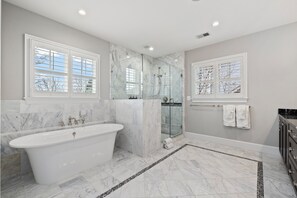 Shower, hair dryer, towels, soap