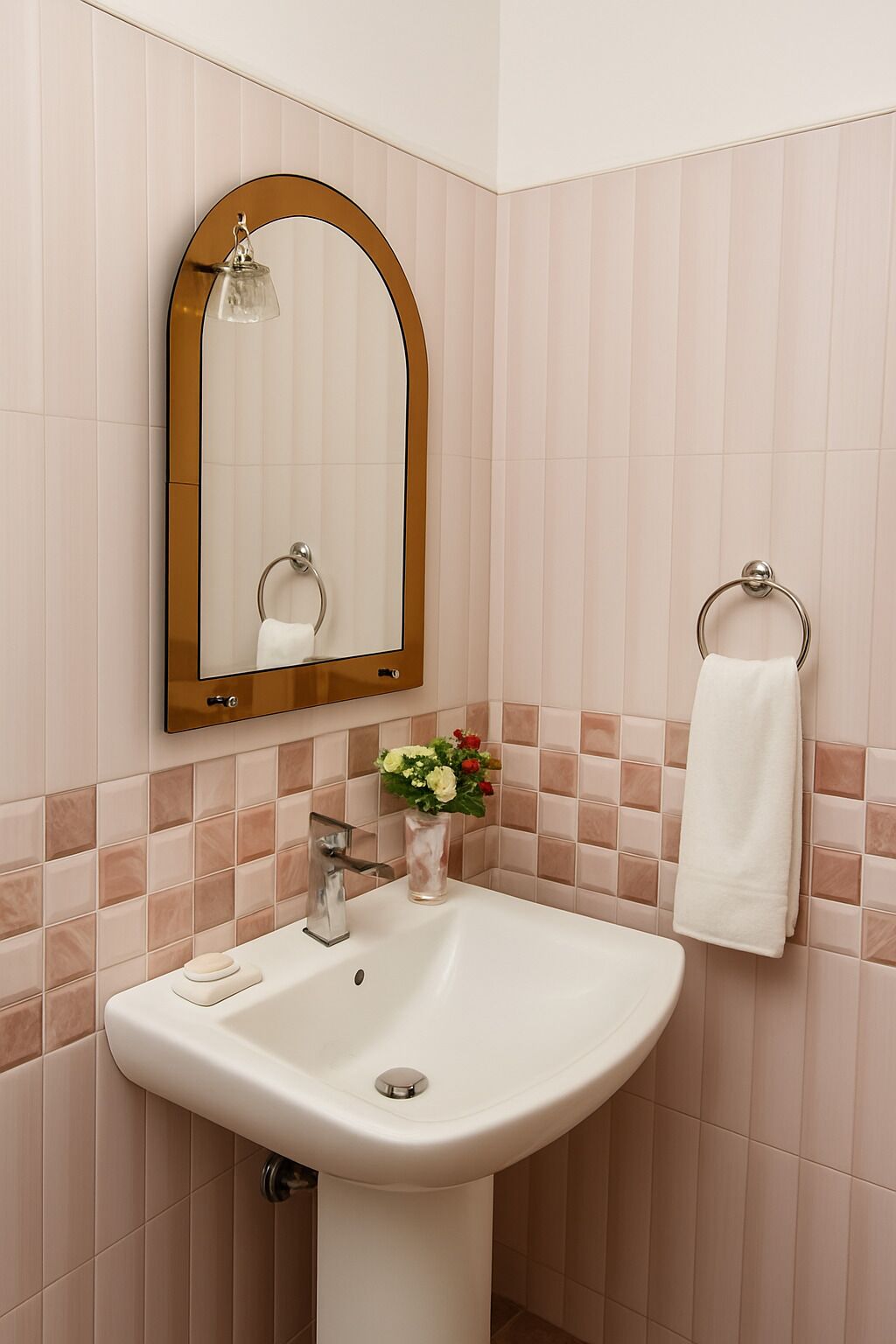 A bathroom with a white sink, a mirror with a wooden frame, and a towel rack.