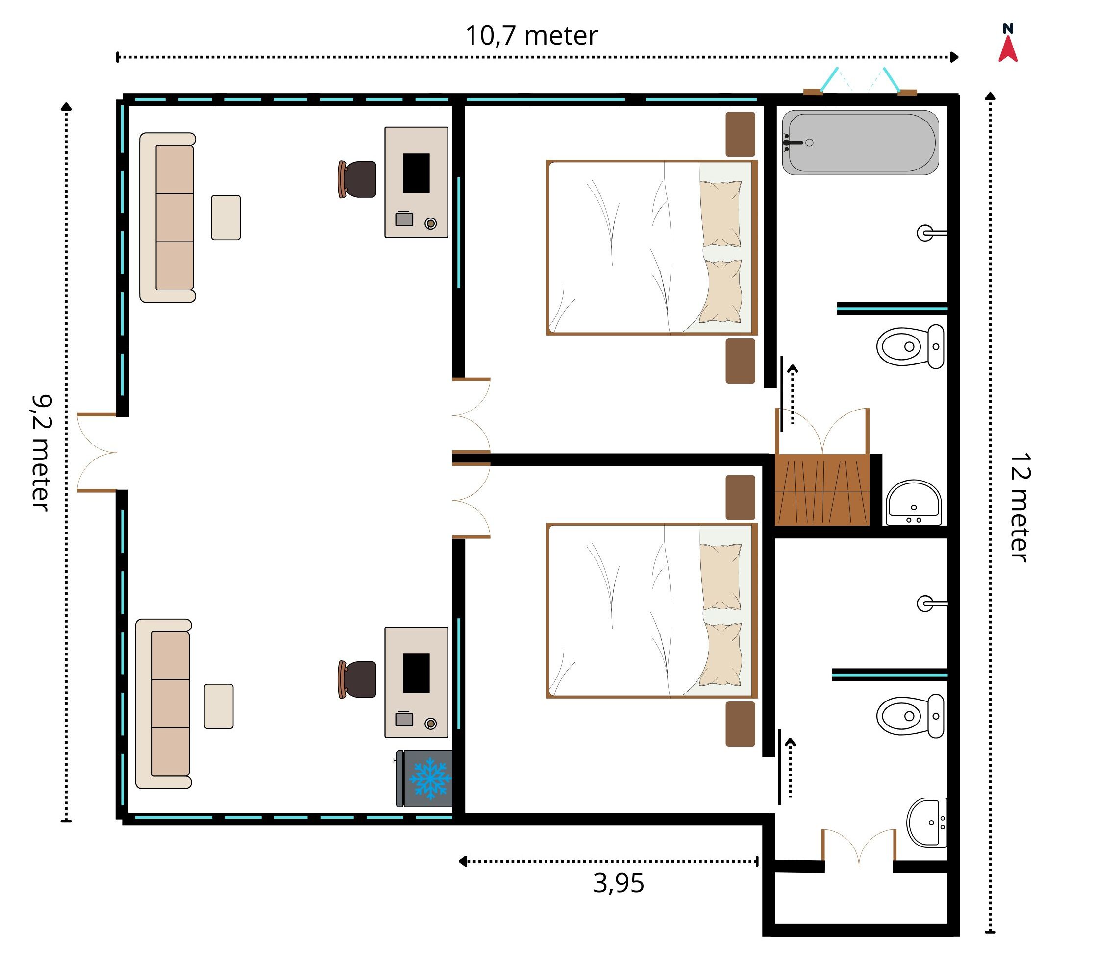 Een plattegrond van een hotelkamer met een bed, bureau, stoel, kledingkast, badkamer en een klein keukenhoekje.