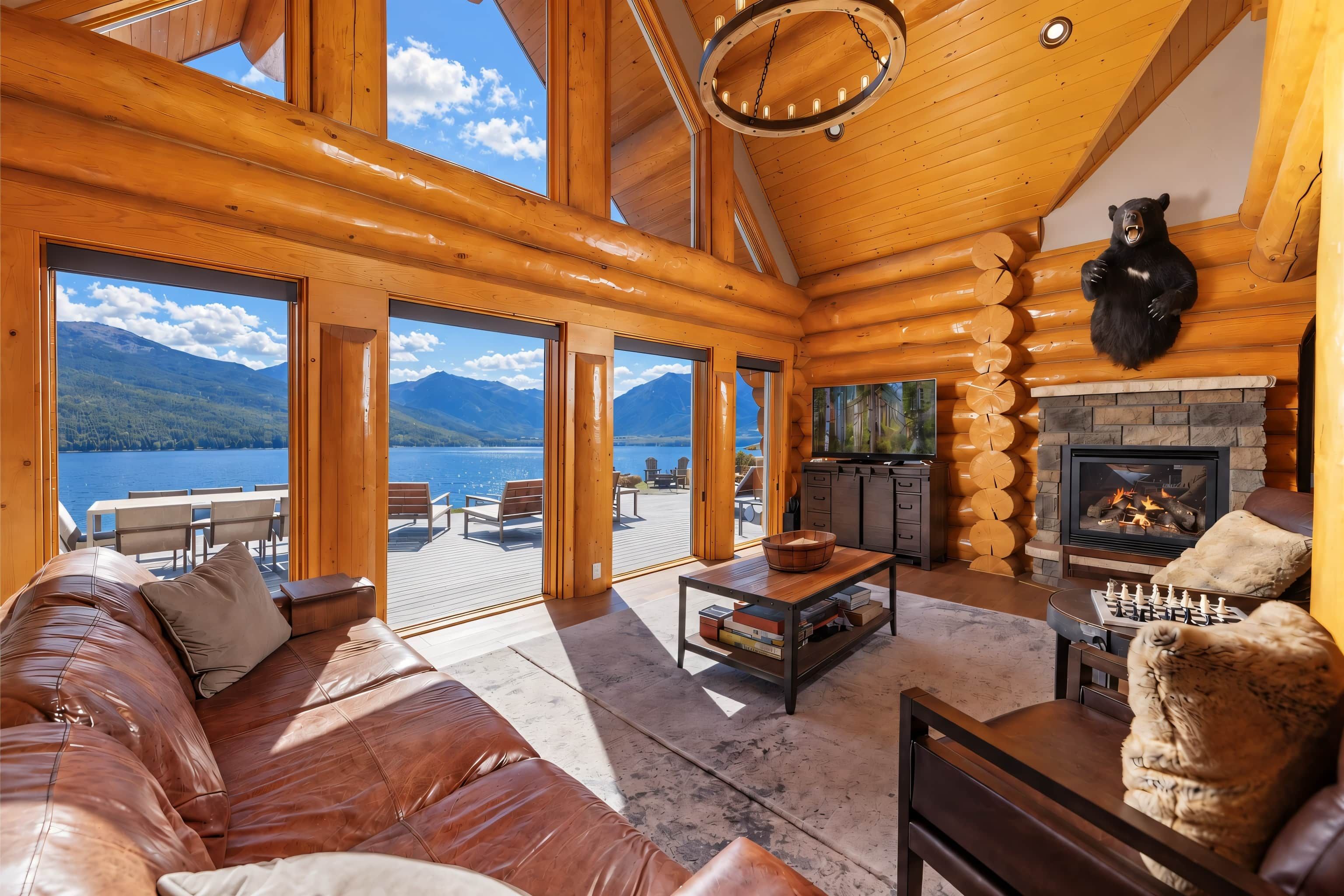 L’intérieur d’une cabane en rondins, avec une cheminée, un canapé en cuir et une vue sur un lac et des montagnes.