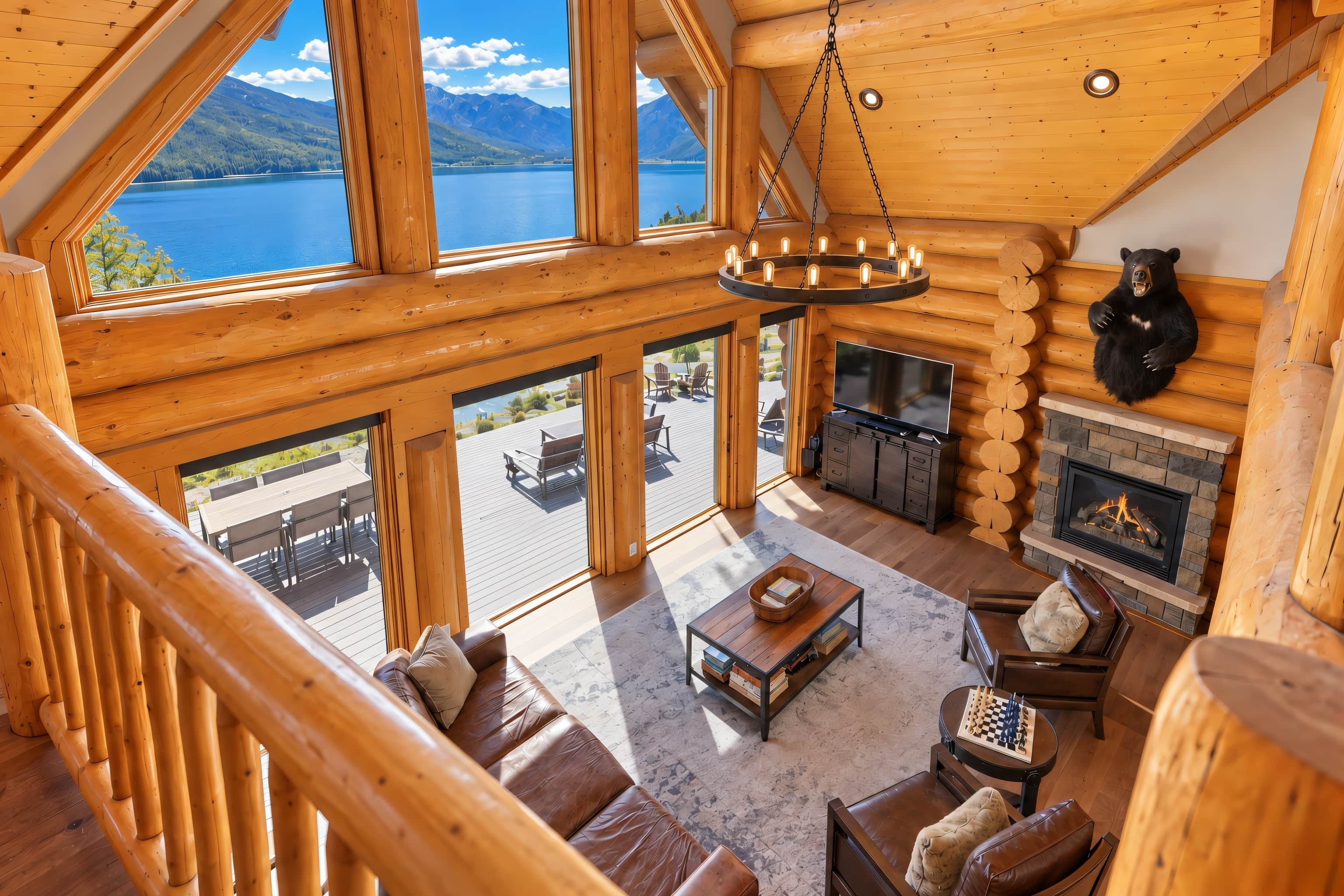A spacious log cabin with a large fireplace, a cozy seating area, and a balcony overlooking a lake.