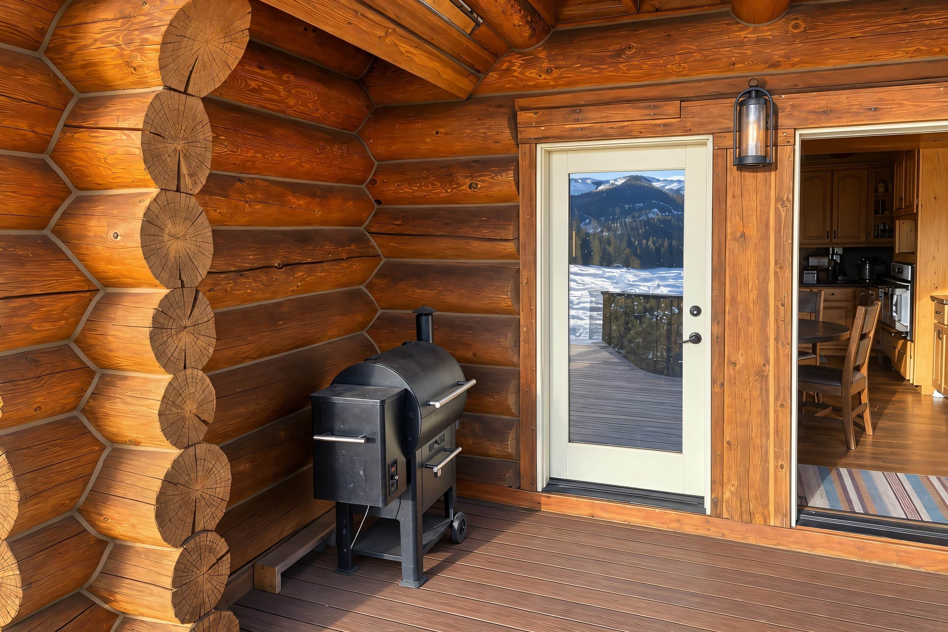 A log cabin with a built-in grill and a door leading to a deck with a view of snow-covered mountains.