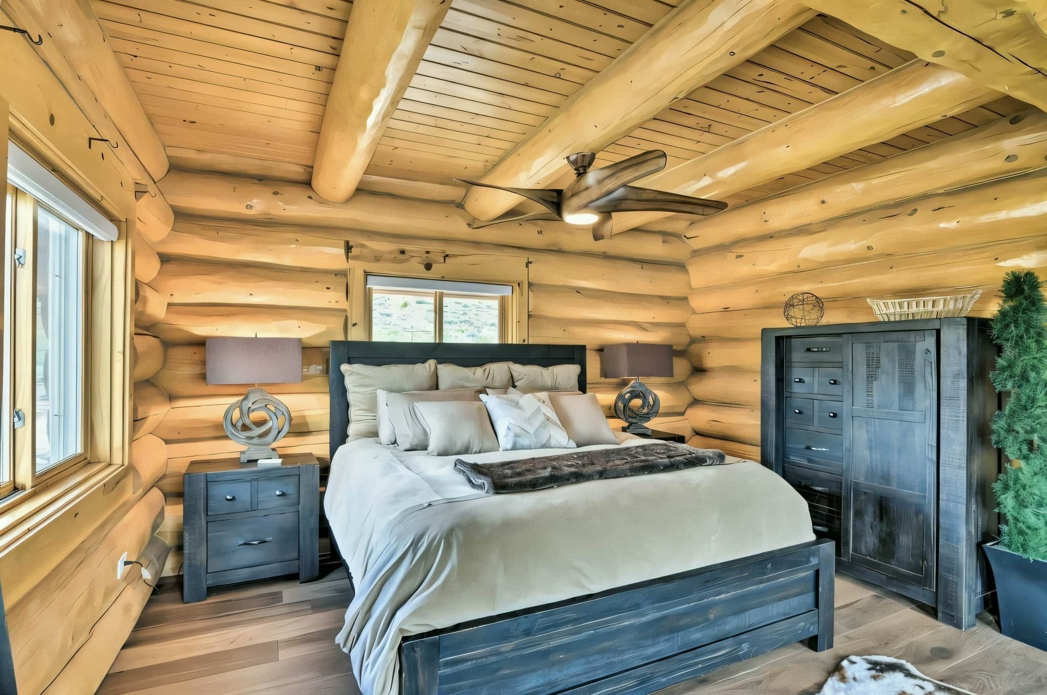 A log cabin bedroom with a bed, bedside tables, a dresser, and a ceiling fan.