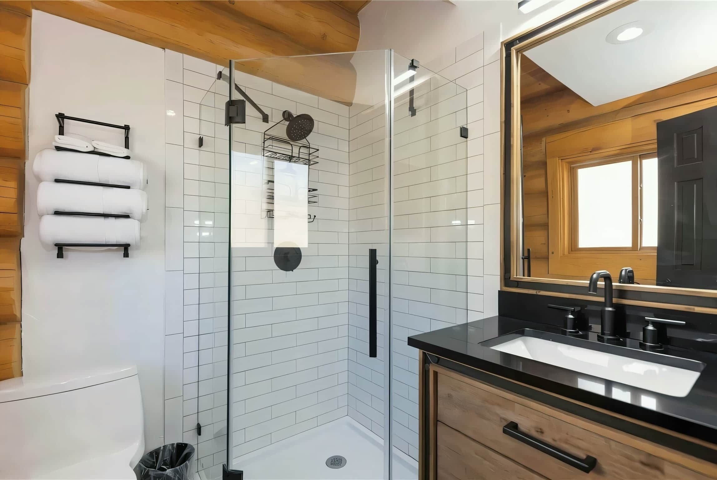 A modern bathroom with a glass shower enclosure, a white toilet, a black sink, and a wooden vanity.